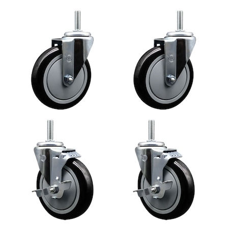 Service Caster 5 Inch Black Polyurethane Wheel Swivel 34 Inch Threaded Stem Caster Set 2 Brakes SCC SCC-TS20S514-PPUB-BLK-34212-2-TLB-2